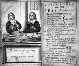 Two men dissecting a body with plague.