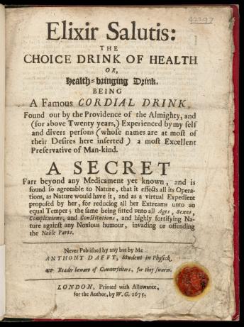 Titlepage: 'Elixir salutis: the choice drink of health...'.