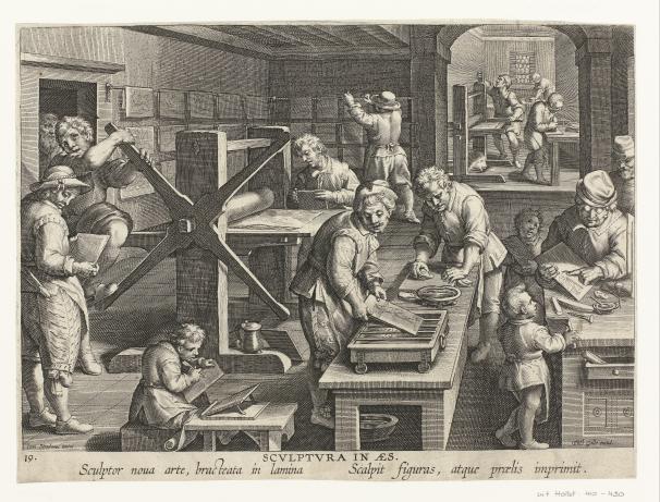 This print shows a printing workshop, with people engraving, inking, and running copper plates through the press, and hanging the printed sheets up to dry.