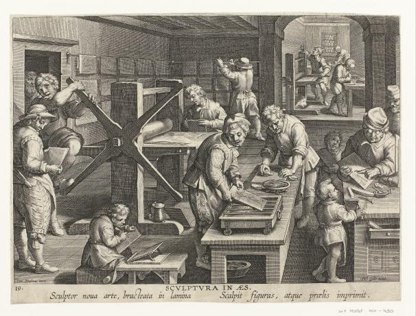 Galle, Sculptura in aes This print shows a printing workshop, with people engraving, inking, and running copper plates through the press, and hanging the printed sheets up to dry.
