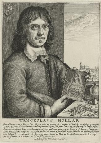 Hollar, Self portrait This portrait of the famous printmaker shows him holding an etched plate, and sitting at a table covered in printmaking tools.