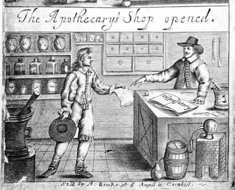 View of a seventeenth-century apothecary shop. 