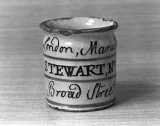 Two views of a seventeenth-century ointment jar bearing the manufacturer’s name and address in London