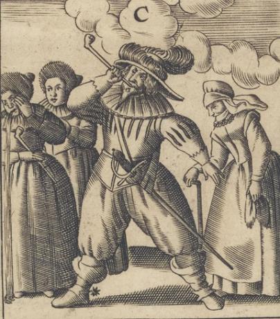 A man smokes a pipe accompanied by three women